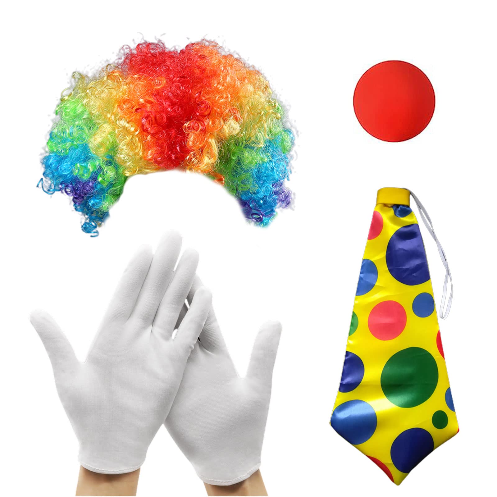 MIVAIUN 4Pcs Clown Costume Set, Rainbow Clown Wig Nose White Gloves Tie for Halloween Cosplay Theme Party Carnival Circus Show (4 Pieces)