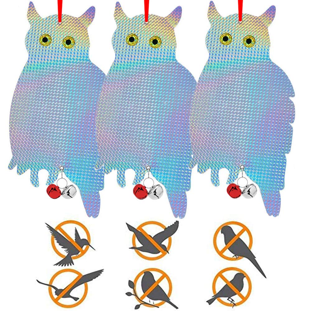 3 Pieces Bird Repellent Reflective Owl, Owl Bird Scarer, Balcony, Dummy Bird Scarer, Hanging Owl Bird, Scarecrow Owl, Dummy Owl (Silver/3 Pieces)