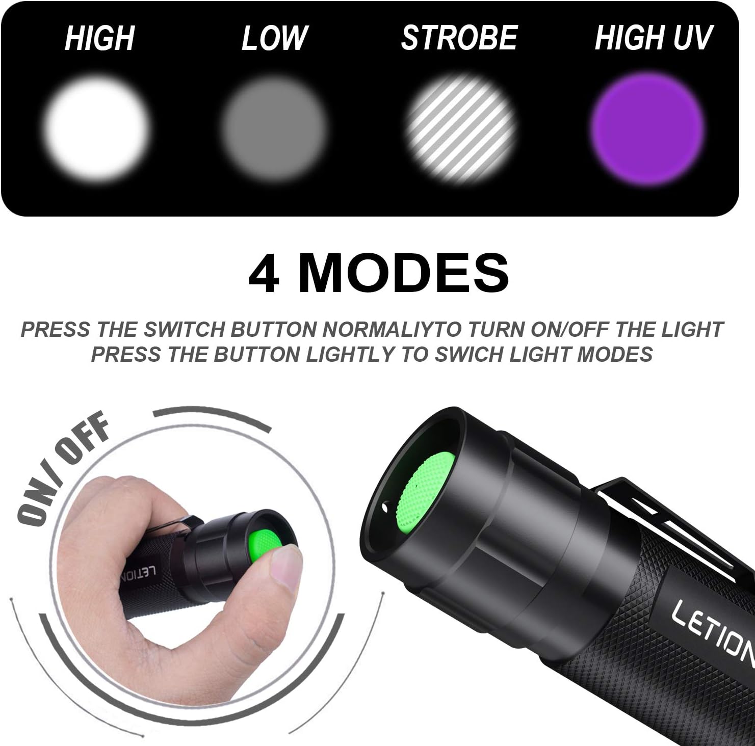 LETION UV Flashlight, LED UV Torch 2 in 1 UV Black Light with 500LM Highlight & 4 Mode & Waterproof IPX 4 for Pet Clothing Food Fungus Detection/Night Fishing/Travel - - 