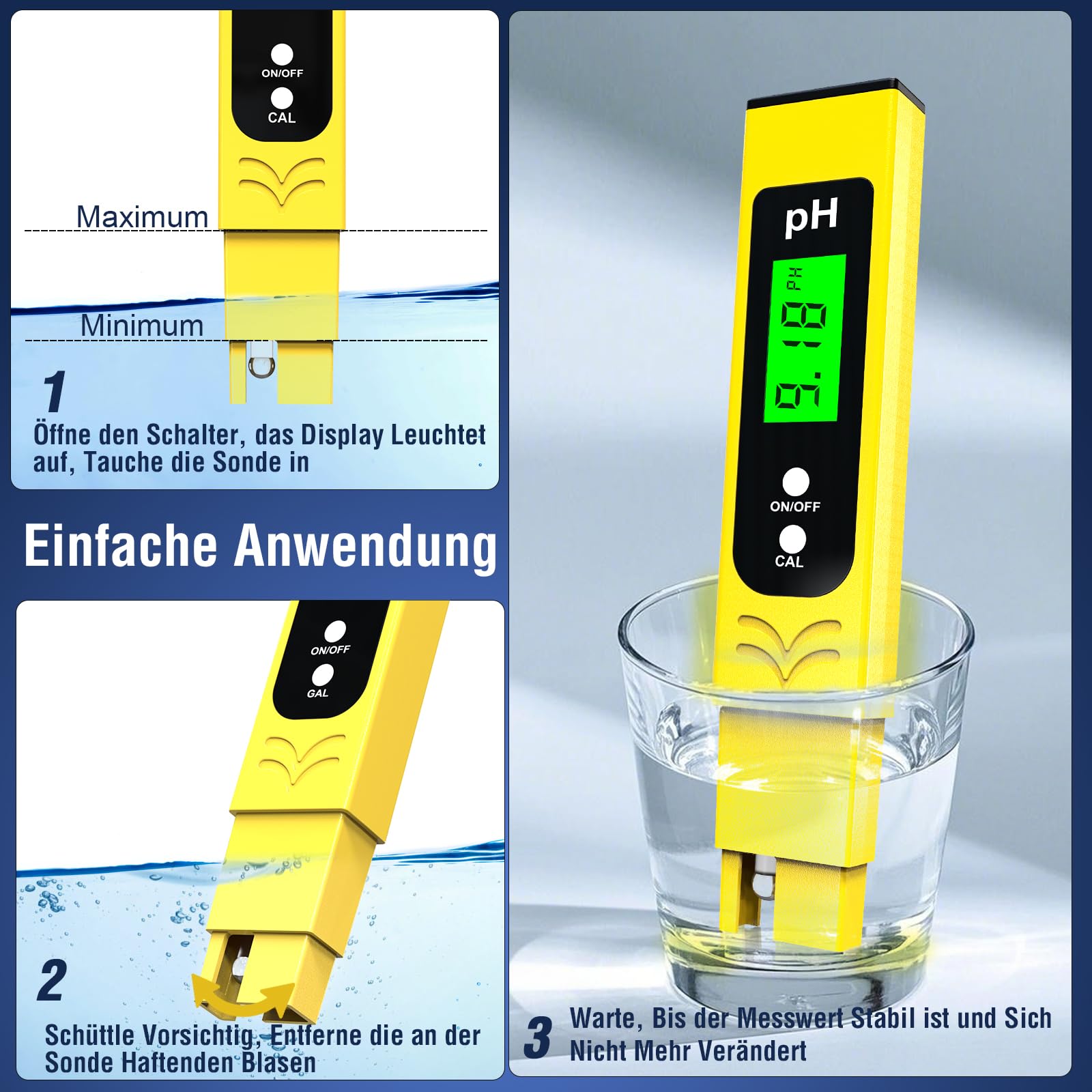 Keero pH Messgerät Hochpräzision (± 0.01), Water Tester, pH Wert Messgerät Pool mit Blau Hinterleuchtetem LCD-Display & Automatischer Temperaturkompensation,für Trinkwasser/Poolwasseranalyse-Gelb 7