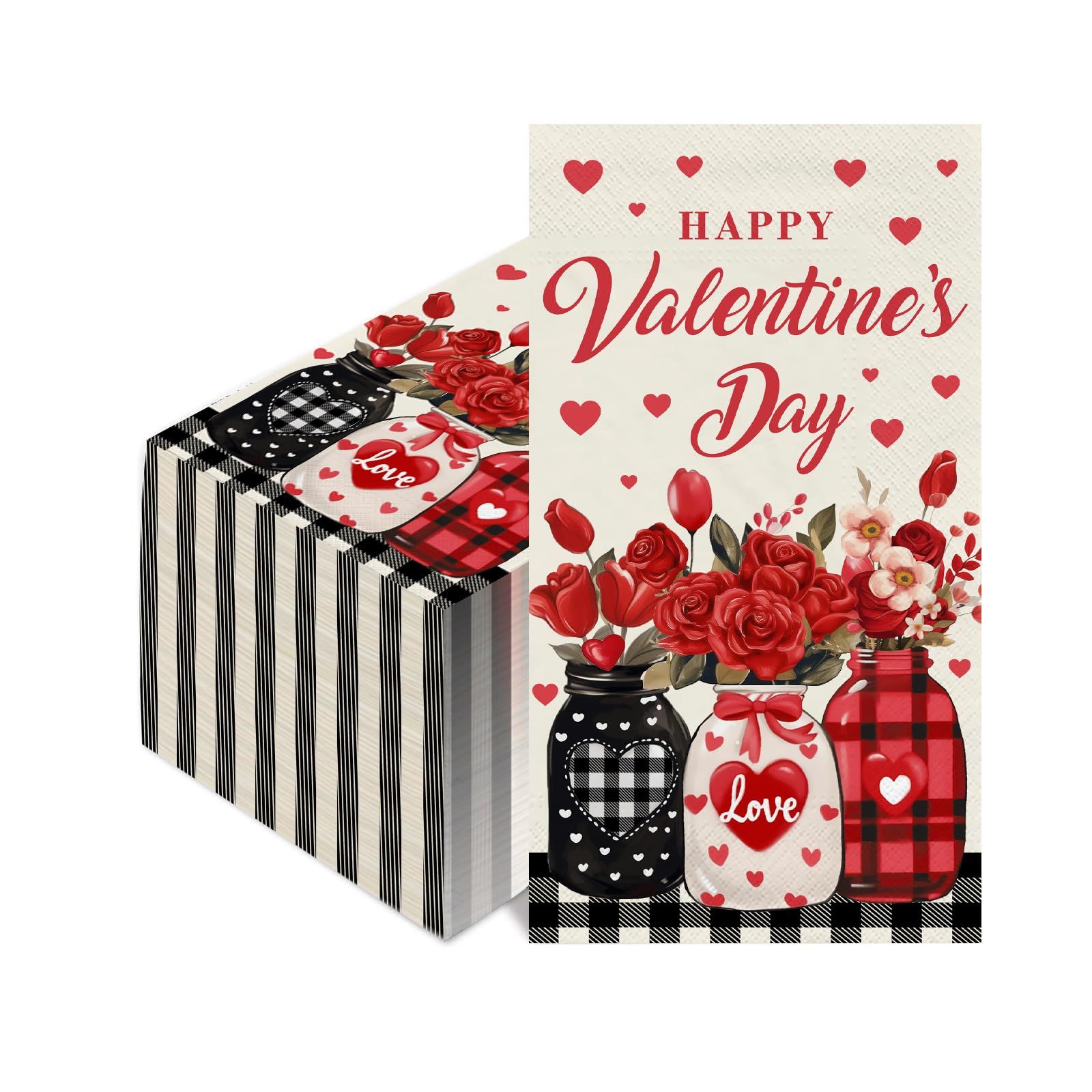 Photo 1 of 50 Pcs Happy Valentines Day Napkins 2 Ply Disposable Paper Hand Towels for Kitchen Bathroom Red Hearts Rose Decorative Dinner Napkins for Valentine Party Supplies