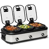 Amazon Basics Triple Slow Cooker with Ceramic Nonstick Coating, Individual Temperature Controls Crock Pot for Parties and Events, Locking Handles, Glass Lids, 3 x 2.5 Quarts, Stainless Steel