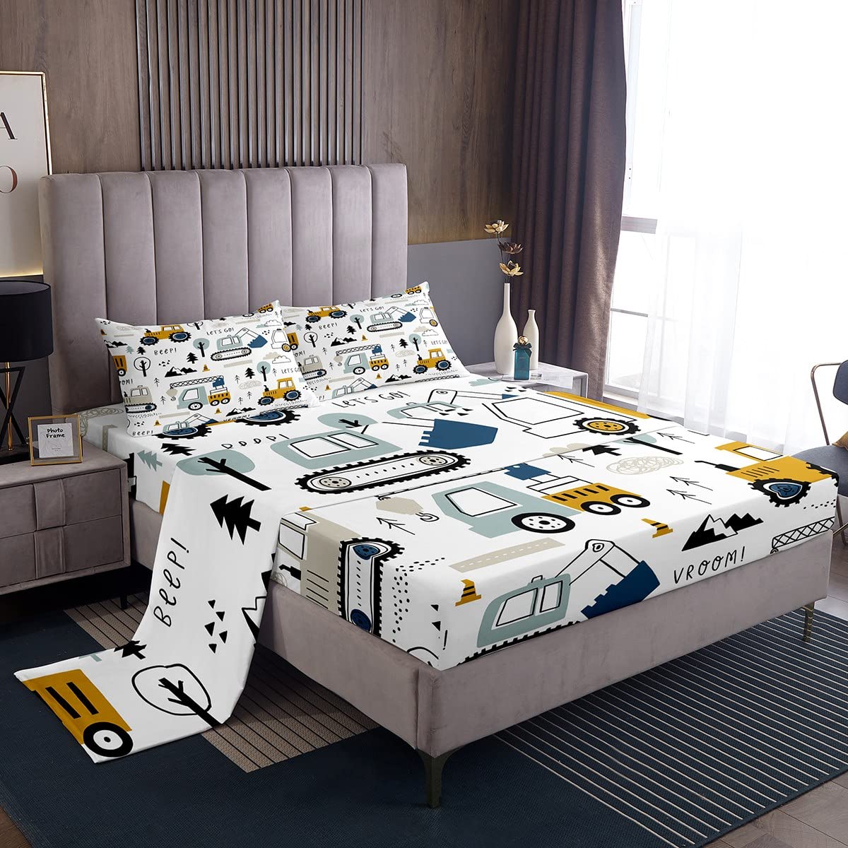 Cartoon Car Kids Sheet Set Construction Bed Sheets Set Decor Equipment Trucks Sheets with Deep Pocket Fitted Sheet Cartoon Car Excavator Tractor White Yellow Bedding Set Double Quilt Cover 4Pcs — image 1