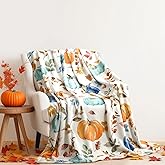 Tudomro Fall Pumpkin Throw Blanket Watercolor Leaves Plush Flannel Blanket Soft Fall Harvest Cozy Throw for Home Couch Bed Sofa Thanksgiving Holiday Decorations, 50 x 60 Inches(Orange and Blue)