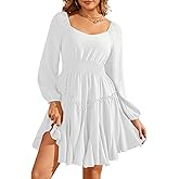 Florboom Women's Multi-Layered Hem Dress Square Neck Lantern Long Sleeve A-Line Smocked Waist Mini Dresses