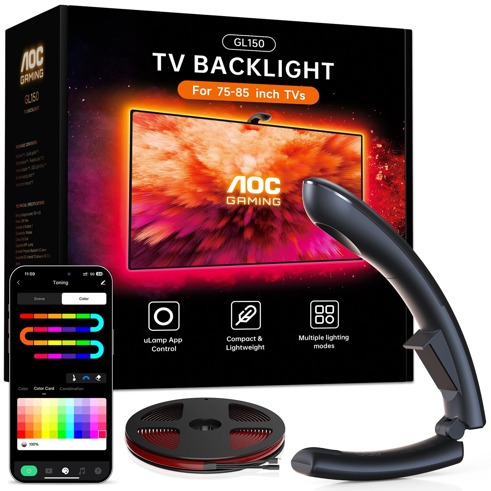 Photo 1 of AOC TV Backlight Sync to Screen, Behind TV LED Changing Lighting for 75-85 Inch TVs, RGB LEDs Strip Lights with Sensor for Home Decorations Smart App Control, Movie Game Music & DIY Mode, 18.0FT