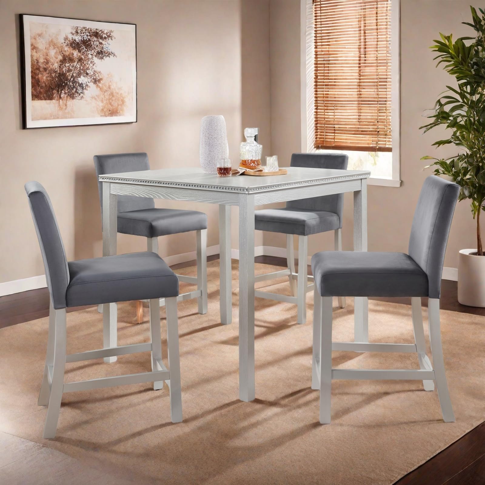 Photo 1 of ****FOUR CHAIRS ONLY***Trygoal Dining Table Set for 4, 5-Piece Dining Room Table Set with Square Crystal Decoration Table & 4 Upholstered Backrest Chairs, Counter Height Kitchen Sets with Wood Grain & Footrest, Grey