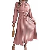 Sexyshine Women's Mock Neck Long Sleeve Pleated Chiffon Long Dress High Waist Belted Flowy A Line Cocktail Party Dress