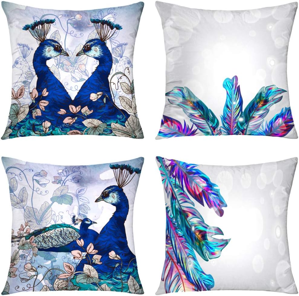 GALMAXS7 Blue Decorative Throw Pillow Covers 18X18 Inch Set of 4 Floral with Peacock Vintage Feathers Light Navy Blue Gray Throw Pillows for Couch Square Cushion Cover for Living Room Car Home Decor