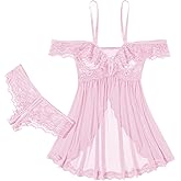 Avidlove Sexy Cut Out Off Shoulder Sheer Mesh Lace Wireless Babydoll Lingerie Dress with Thong 2 Piece
