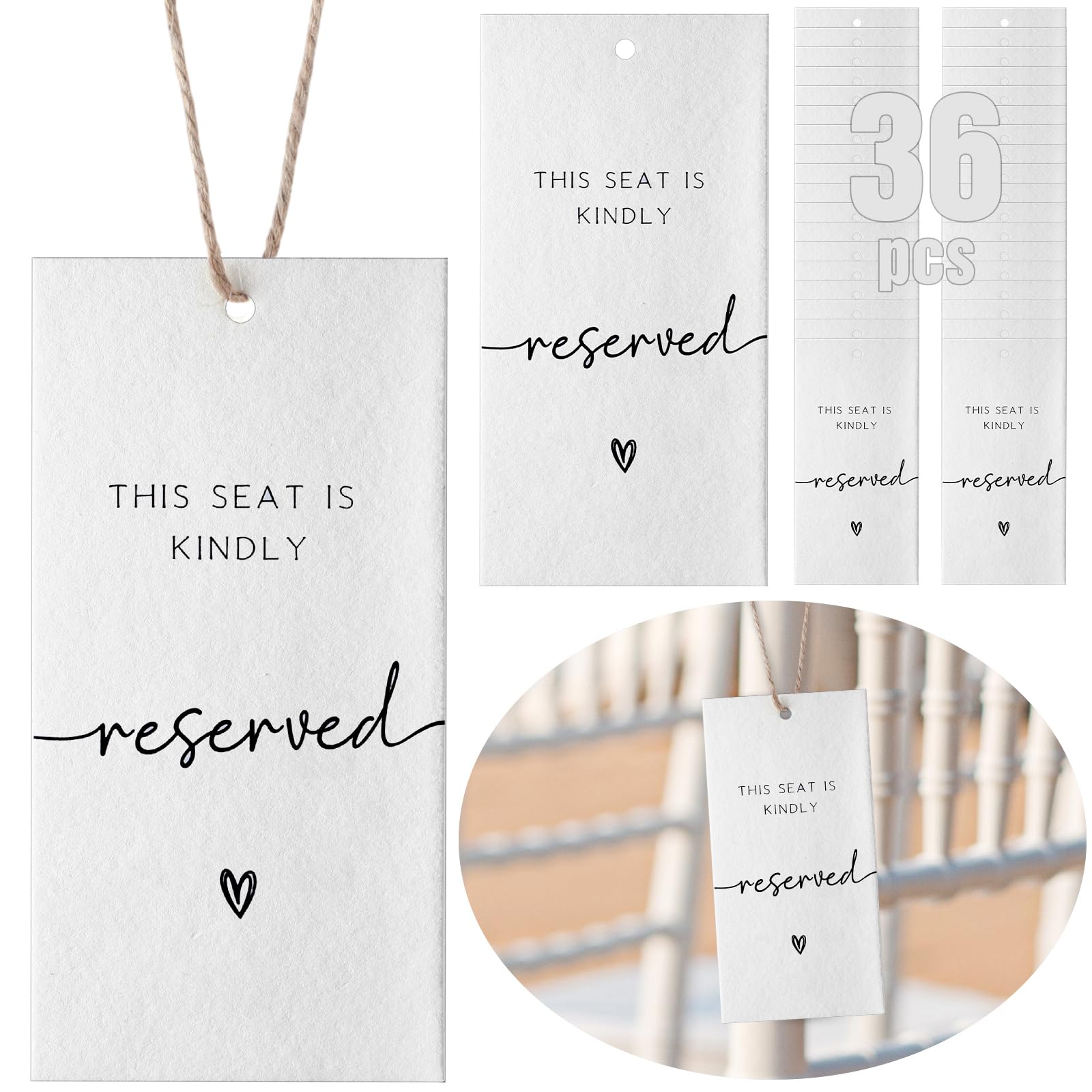 Photo 1 of Watersay 36 Pcs Reserved Seating Chair Signs for Wedding Ceremony Reserved Seat Sign Hanging for Important Events Church Pews Chair and Restaurant(White)