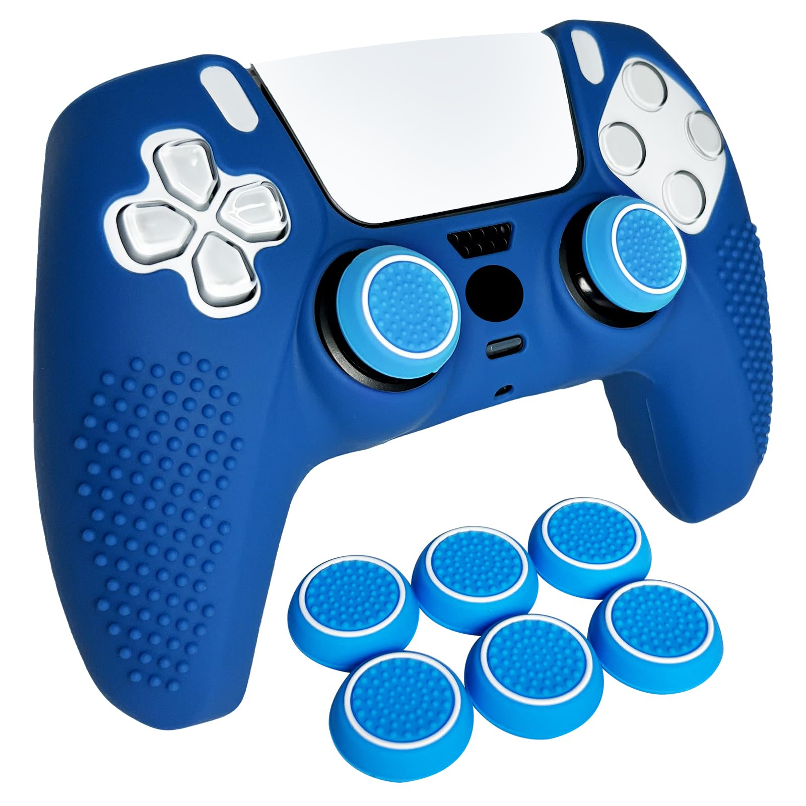 HLRAO Anti-Slip Blue PS5 Controller Skin,Studded Edition Protective Silicone Cover Skin Grips Compatible with PS5/Slim/Pro Controller and 6 PCS Thumb Grips Caps.