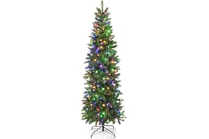 HAPPYGRILL 6FT Pre-Lit Artificial Christmas Tree with 648 Tips, 270 LED Lights, 10 Lighting Modes, Hinged Slim Pencil Xmas Tr