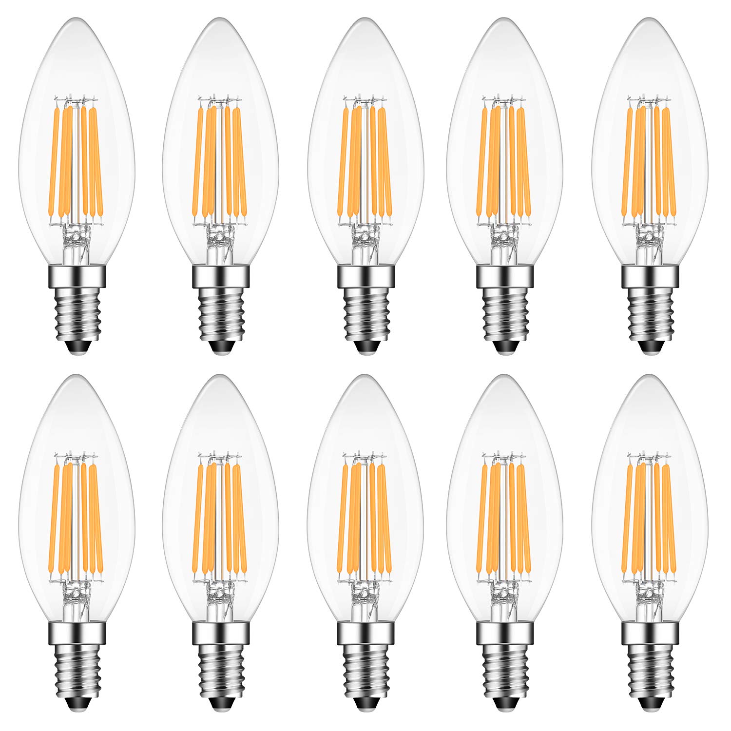 E14 Dimmable 6W LED Candle Bulbs, 60W Incandescent Bulb Equivalent, 2700K Warm White, 600lm, C35 Light Bulbs, Pack of 10