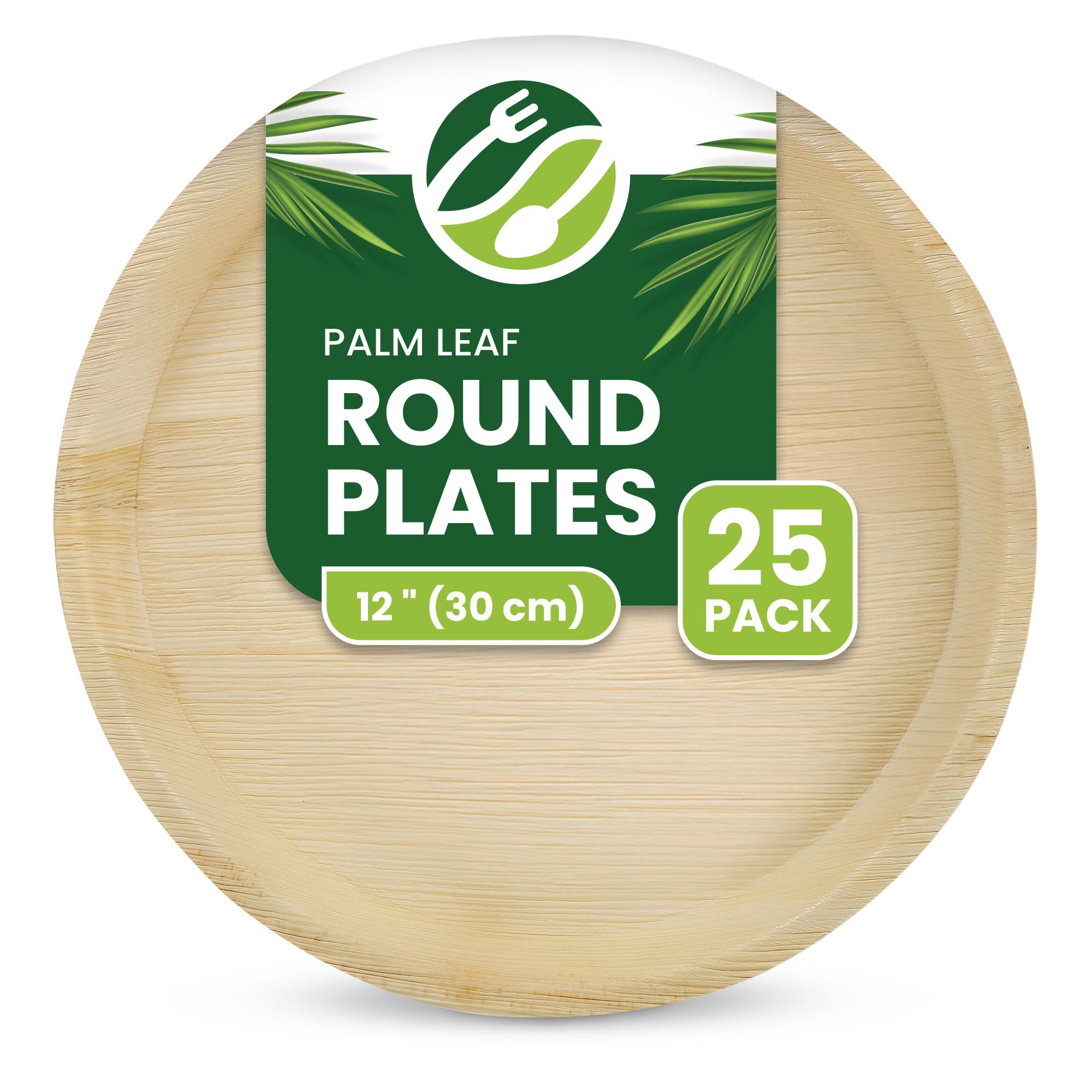 ECO Leaf 25 Disposable Palm Leaf Plates | 12”(30cm) Round Compostable Dinner Plates | Eco-Friendly, Biodegradable Heavy-Duty Plate for Wedding, Party & Picnic |Microwave & Oven Safe