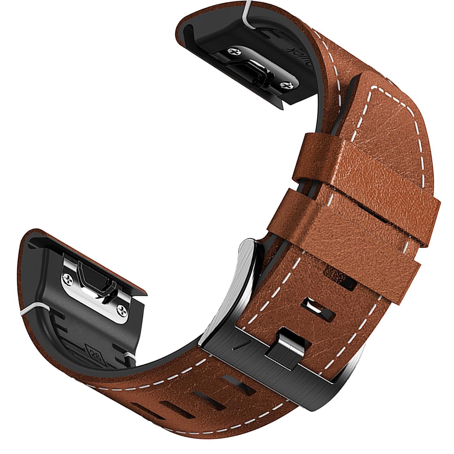 ahayo Leather Watch Strap for Garmin EPIX Pro 47mm / Fenix 7 / Fenix 6 / Fenix 5, Quick Fit 22mm Fiber Leather with Silicone Lining Stitches Soft Sweatproof Wristband for Approach S62(Brown)