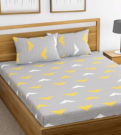 Ahmedabad Cotton 144 TC Cotton Double Bedsheet with 2 Pillow Covers - Grey and Yellow