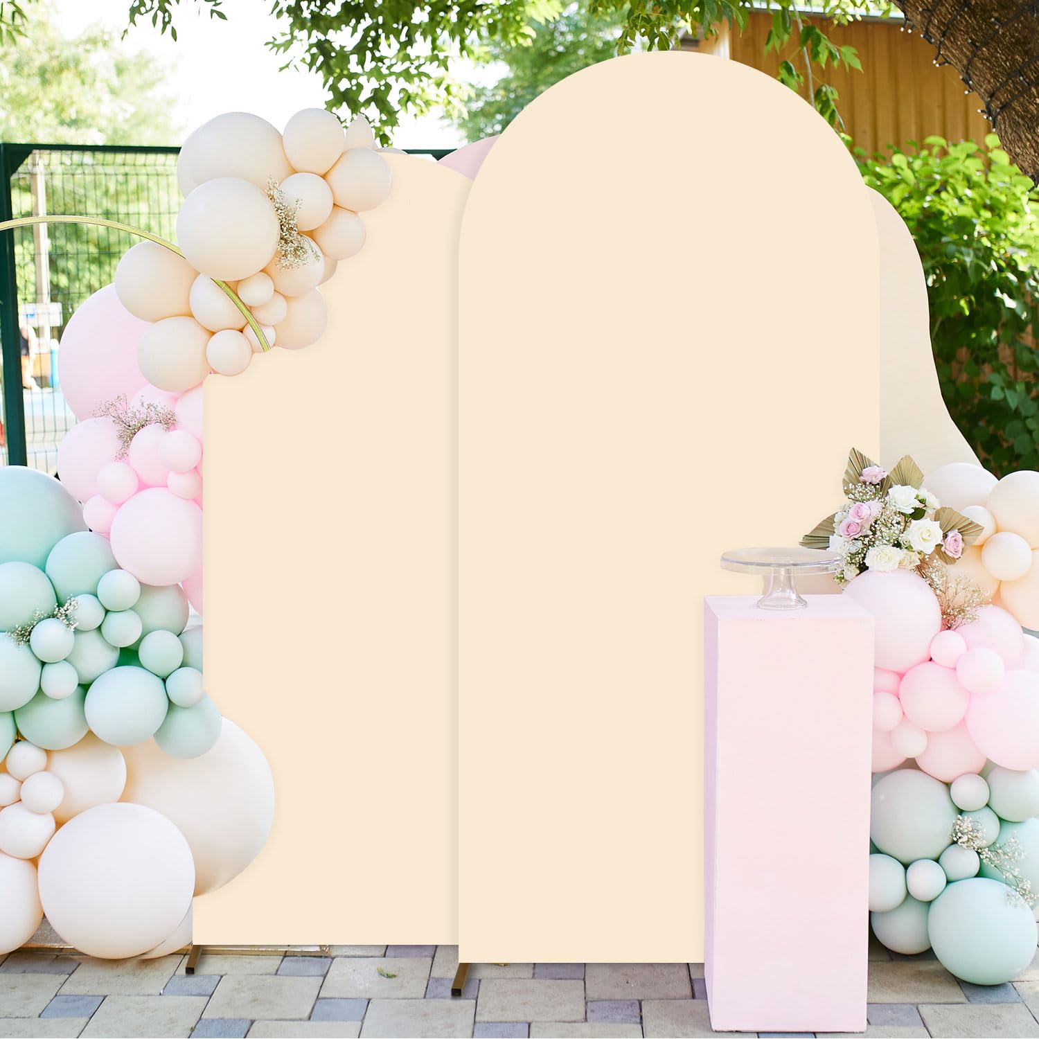 Photo 1 of FUHSY Beige Arch Covers Set of 2 Spandex Fit Arch Stand Covers 7.2FT, 6FT Arch Cover Stretchy Backdrop Fabric Chiara Backdrop Stand Covers for Birthday Party Celebration Graduation Wedding Arch Decor