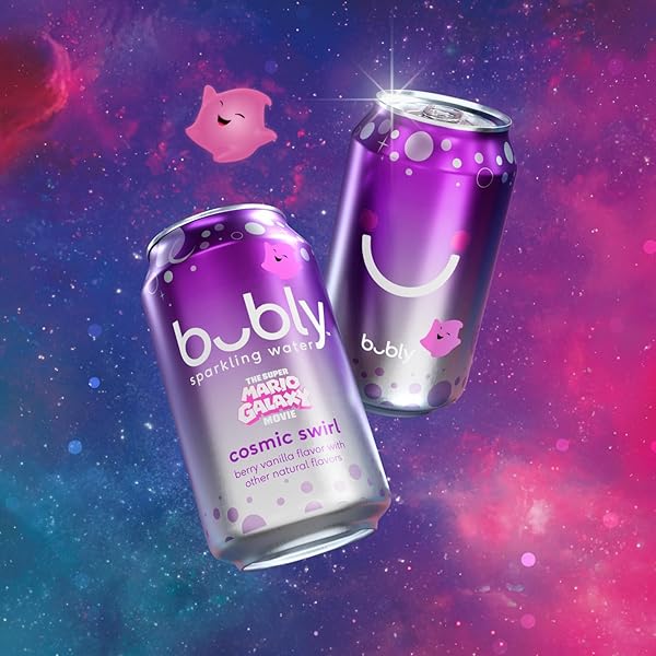 BUBLY SPARKLING WATER, THE SUPER MARIO GALAXY MOVIE COSMIC SWIRL, ZERO SUGAR & ZERO CALORIES, 12 FL OZ CANS (PACK OF 8)