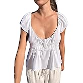 Sunloudy Women Y2k Fairy Grunge Shirts Cap Sleeve Lace Trim Vintage Aesthetic Babydoll Tee Low Cut Preppy Coquette Clothes