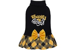 CuteBone Thanksgiving Dog Sweater Dress for Small Dogs Girl, Thanksgiving Embroidery Turtleneck Medium Dog Sweater with Bowtie, Pet Clothing for Chihuahua Yorkie Teacup DS108M