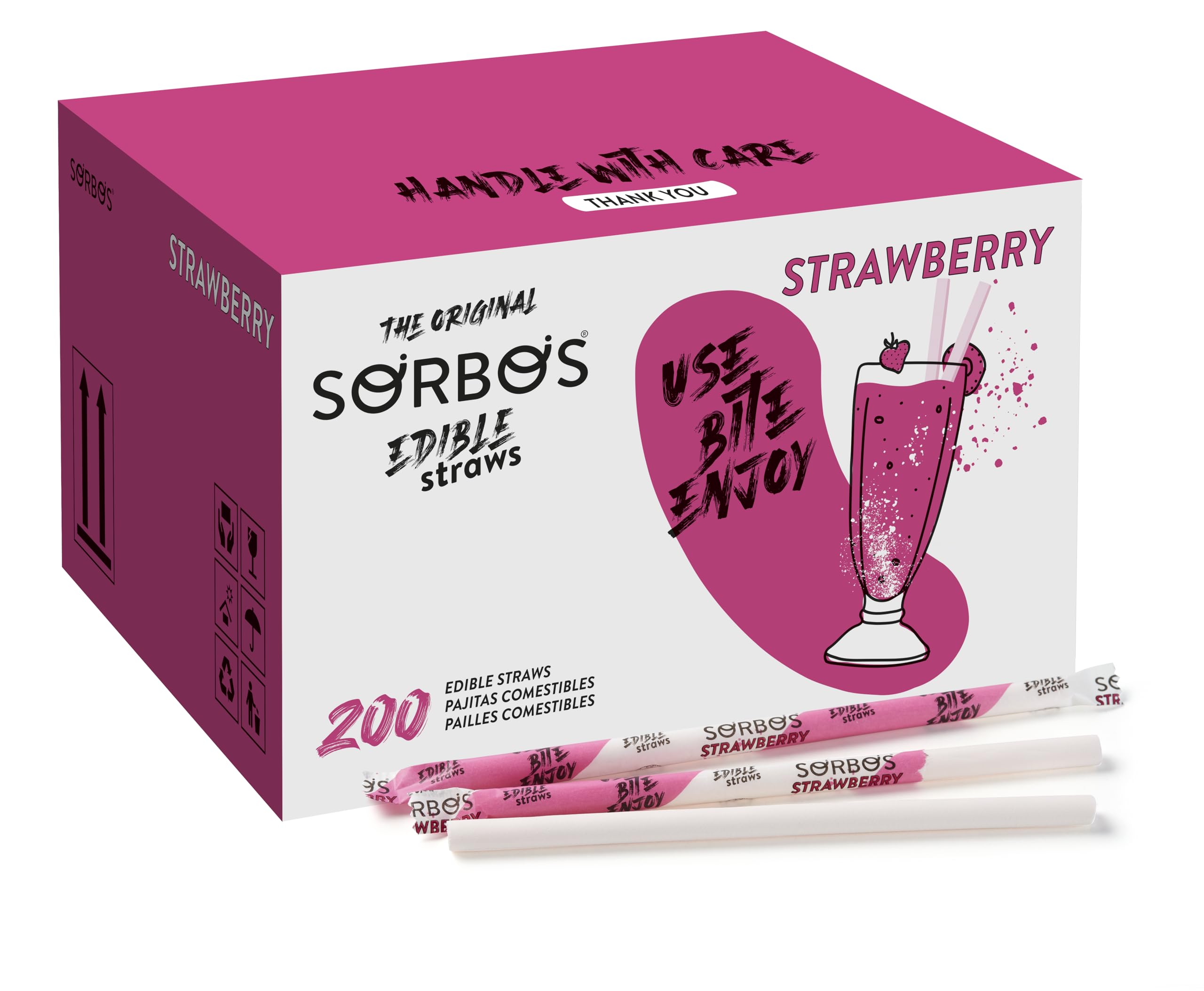 Sorbos Edible Straws Strawberry Flavour 7.5inch - Pack of 200 - Edible Straws, Flavoured Straws, Drinking Straws