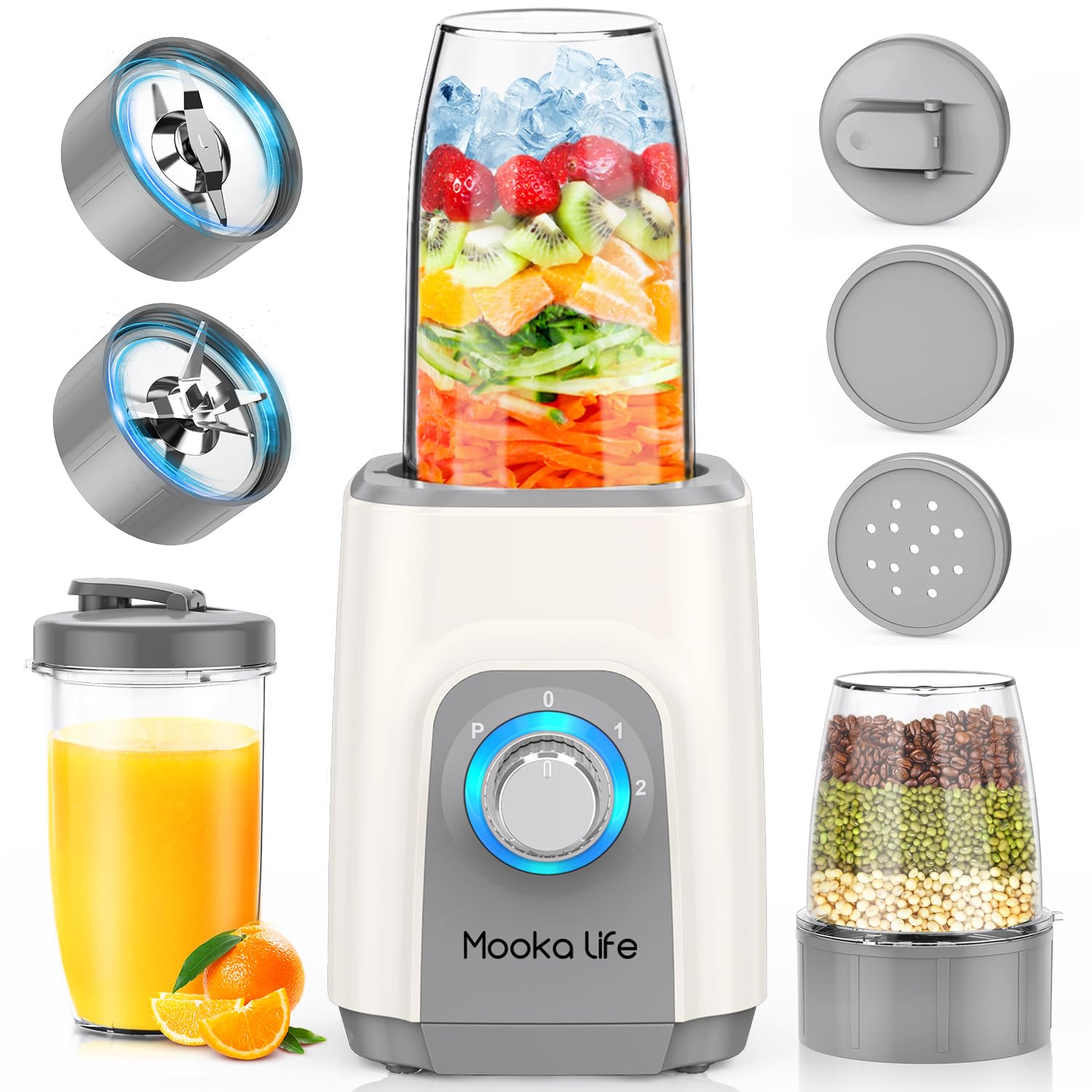 MOOKA LIFE ジューサー ミキサー スムージー 一台多役 三つボトル 500ml*2+300ml コーヒーミル ６枚刃 450Wハイパワー 高速回転 氷も簡単に砕ける 果物/野菜/離乳食/ミルクセーキ 水洗い可能 お手入れ/操作簡単 過熱保護 安全安心 持ち運びやすい アウトドア/旅行/出張/ジム/オフィス レシピ付 プレゼント ギフトに最適 ホワイト商品画像