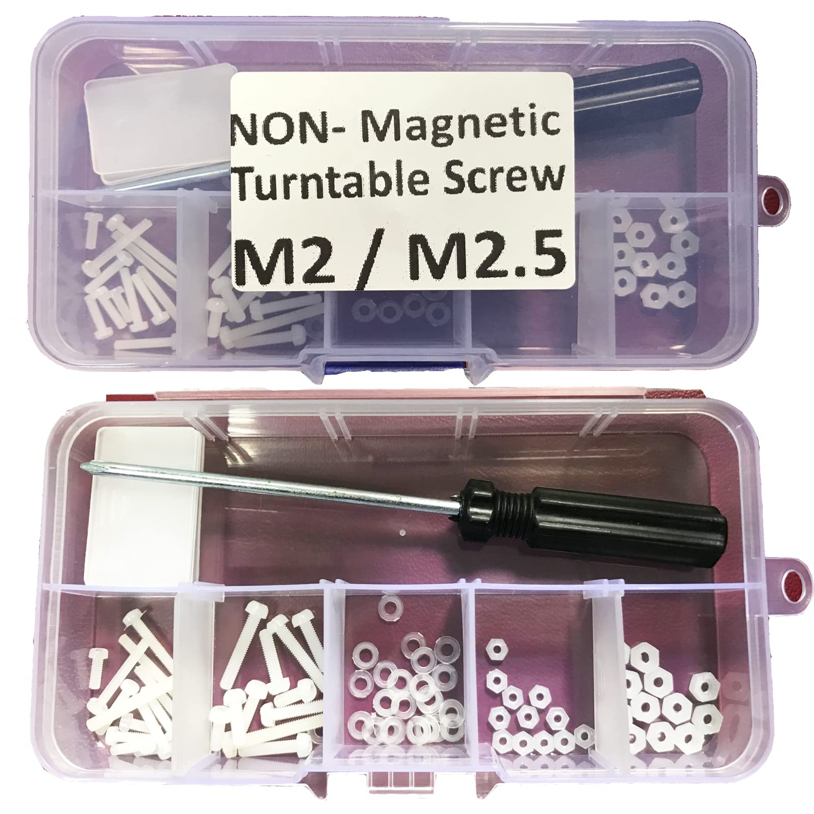 AUXPhome 73 Pieces Non-Magnetic Nylon Round Head Bolt Screw Nut Washer Assortment Kit with Screwdriver and Storage Box - M2 M2.5 (6mm-20mm) for Most Turntable Cartridge Headshell Mounting