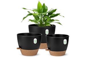 Large Self Watering Plant Pots, 12+10+9Inch Plastic Planters with High Drainage Holes and Deep Reservoir Saucers, Big Flower 