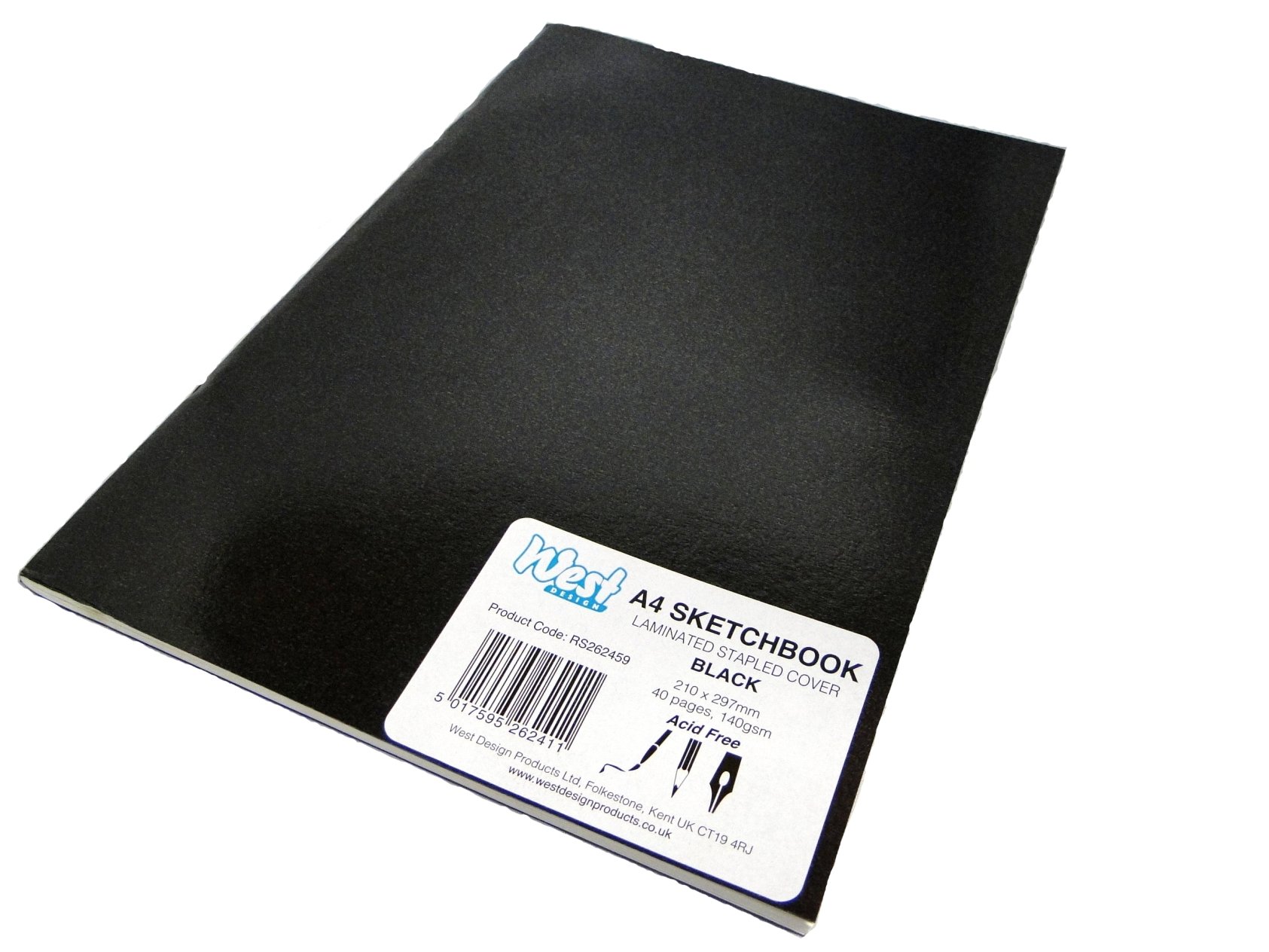 West Design - A4 Sketchbook, 140gsm, 40 White Pages, Stapled Laminated Black Cover, Crisp, Acid Free Plain, Blank Paper, Sketch, Draw, Journal, Scrapbook, Drawing Pad, Notebook, Home, Art Supplies