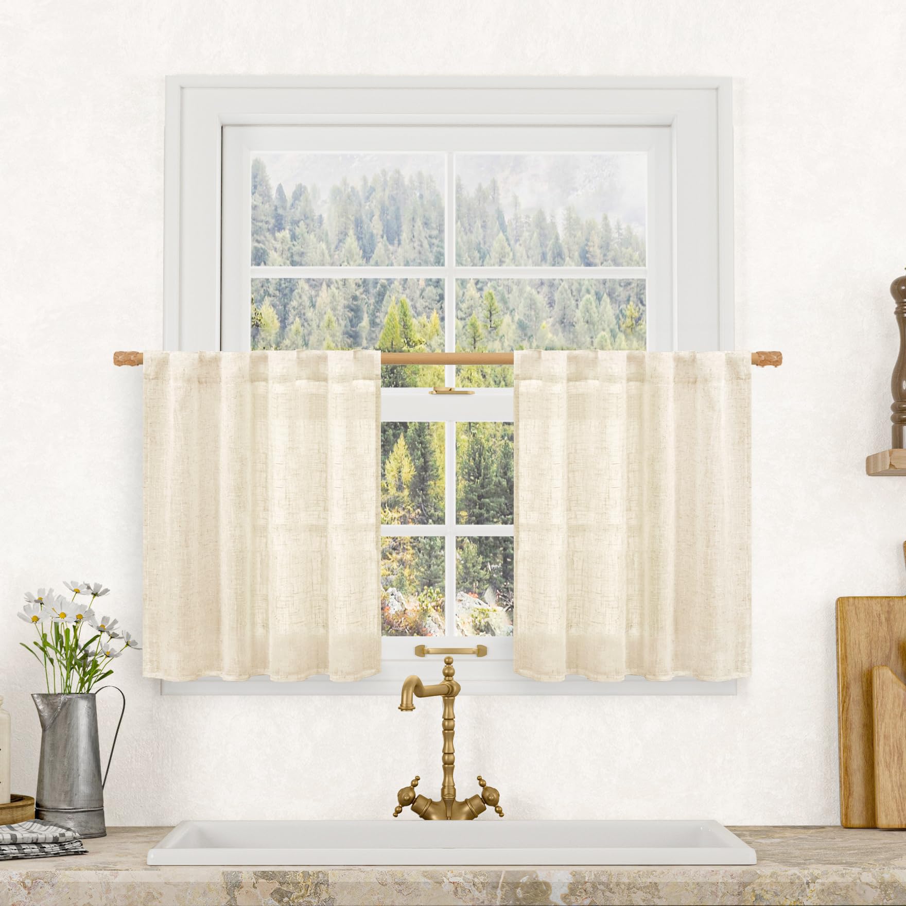 Photo 1 of LAMIT Small Kitchen Linen Curtains 24 Inch Length 2 Panels, Beige Light Filtering Panels Back Tab and Rod Pocket Neutral Drapes for Bathroom/Small Windows, 34 x 24 Inch