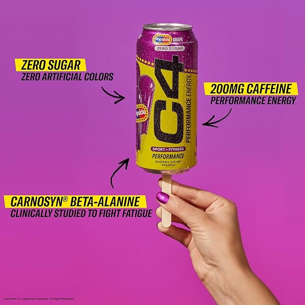 C4 PERFORMANCE ENERGY DRINK, GRAPE POPSICLE, ZERO SUGAR CARBONATED PREWORKOUT ENERGY, 200MG CAFFEINE WITH BETA ALANINE, 16 FL OZ (12 PACK)