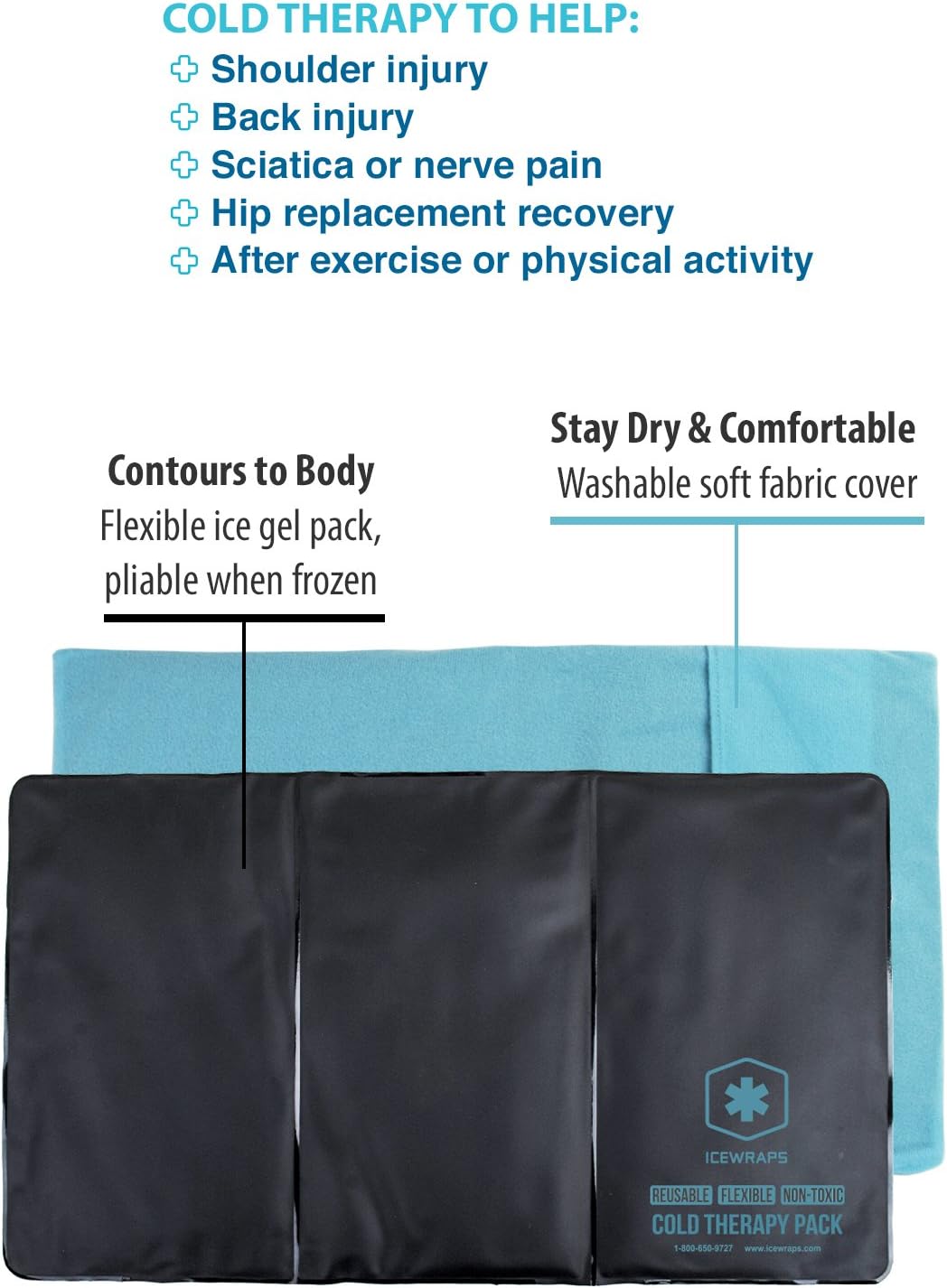 ICEWRAPS Oversize Ice Pack with Soft Fabric Cover - 12"x21” Reusable Flexible Cold Compress Therapy Wrap for Knee, Back, Hip, Sciatica Swelling, Injuries, and Pain Relief: Health & Personal Care
