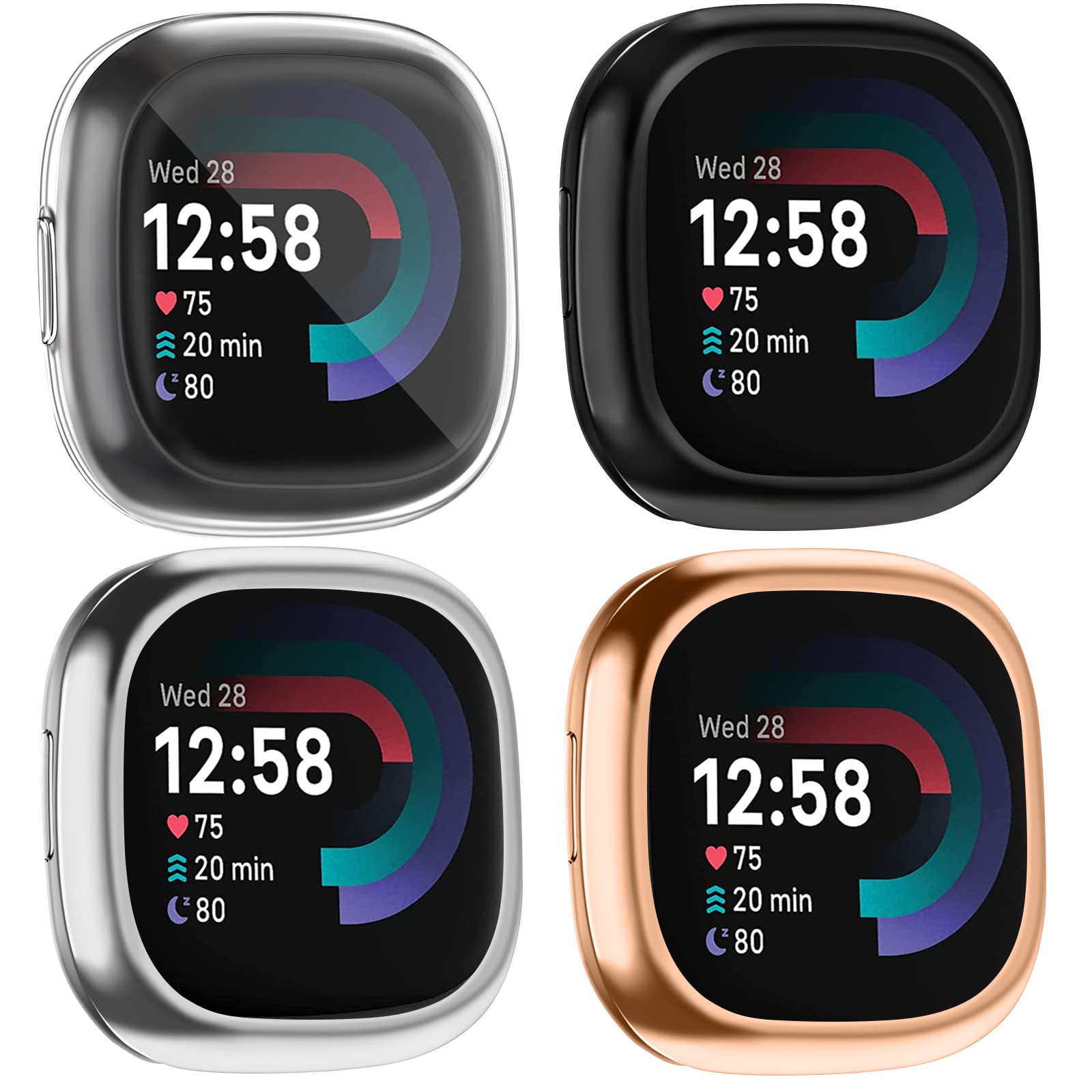 [4 Pack] Screen Protector Case Compatible for Fitbit Sense 2 / Fitbit Versa 4, Slim Fit Full Protective Cover Shockproof Bumper Glossy Soft TPU Sense 2 Case Cover (Black+Rose gold+Silver+Clear)