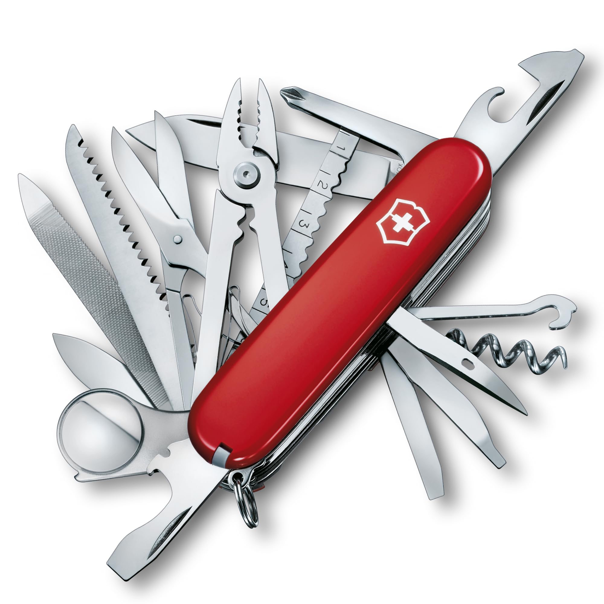 Victorinox Swiss Champ Navaja suiza, 33 funciones, navaja de bolsillo fabricada en Suiza con hoja grande, destornillador, cincel y alicates combinados, color rojo
