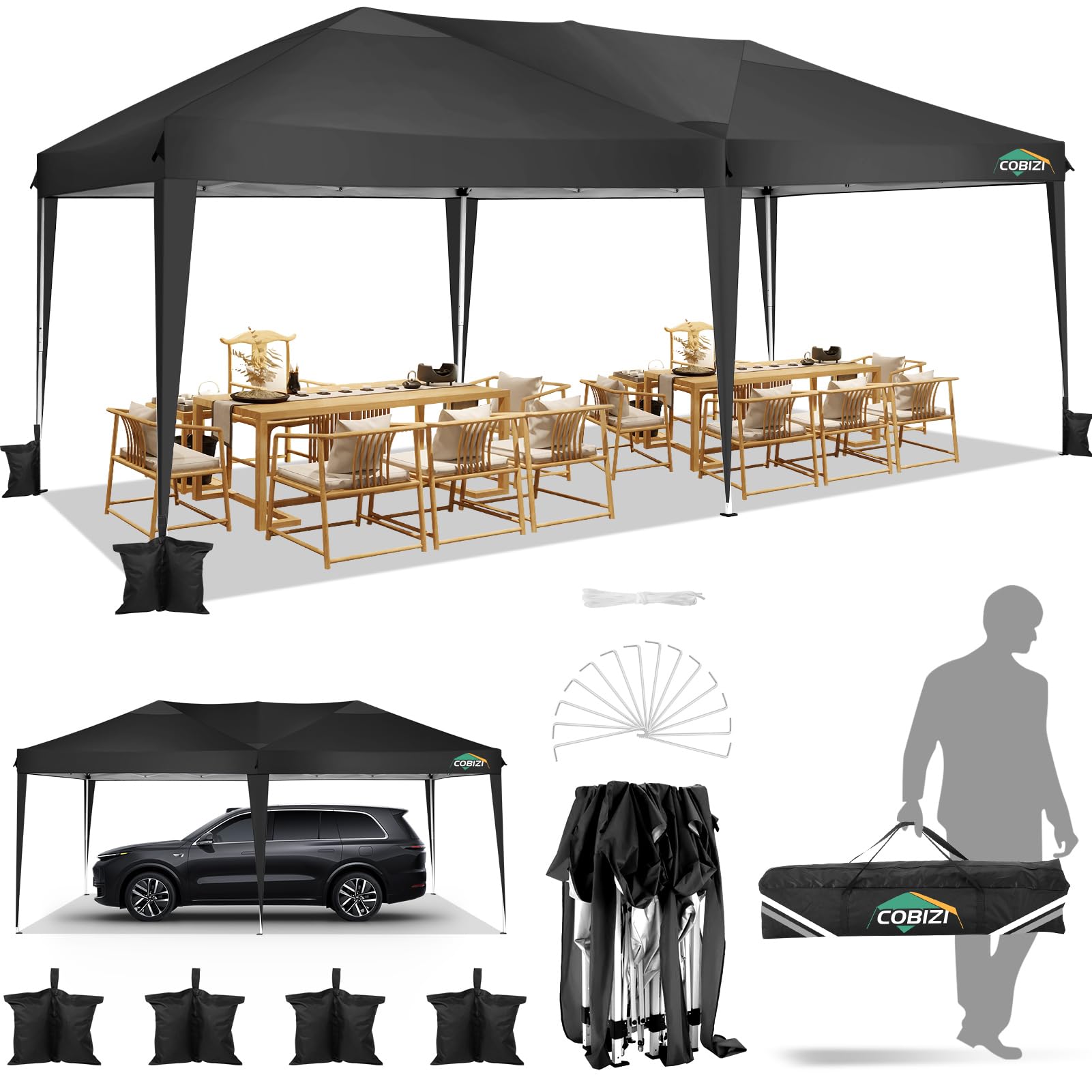 Photo 1 of COBIZI Canopy 10x20 Pop Up Canopy Tent 10x20ft Waterproof Party Tent Ez Up for Parties Wedding Outdoor Commercial Event Gazebo Portable Instant for Backyard Camping Carport, Black