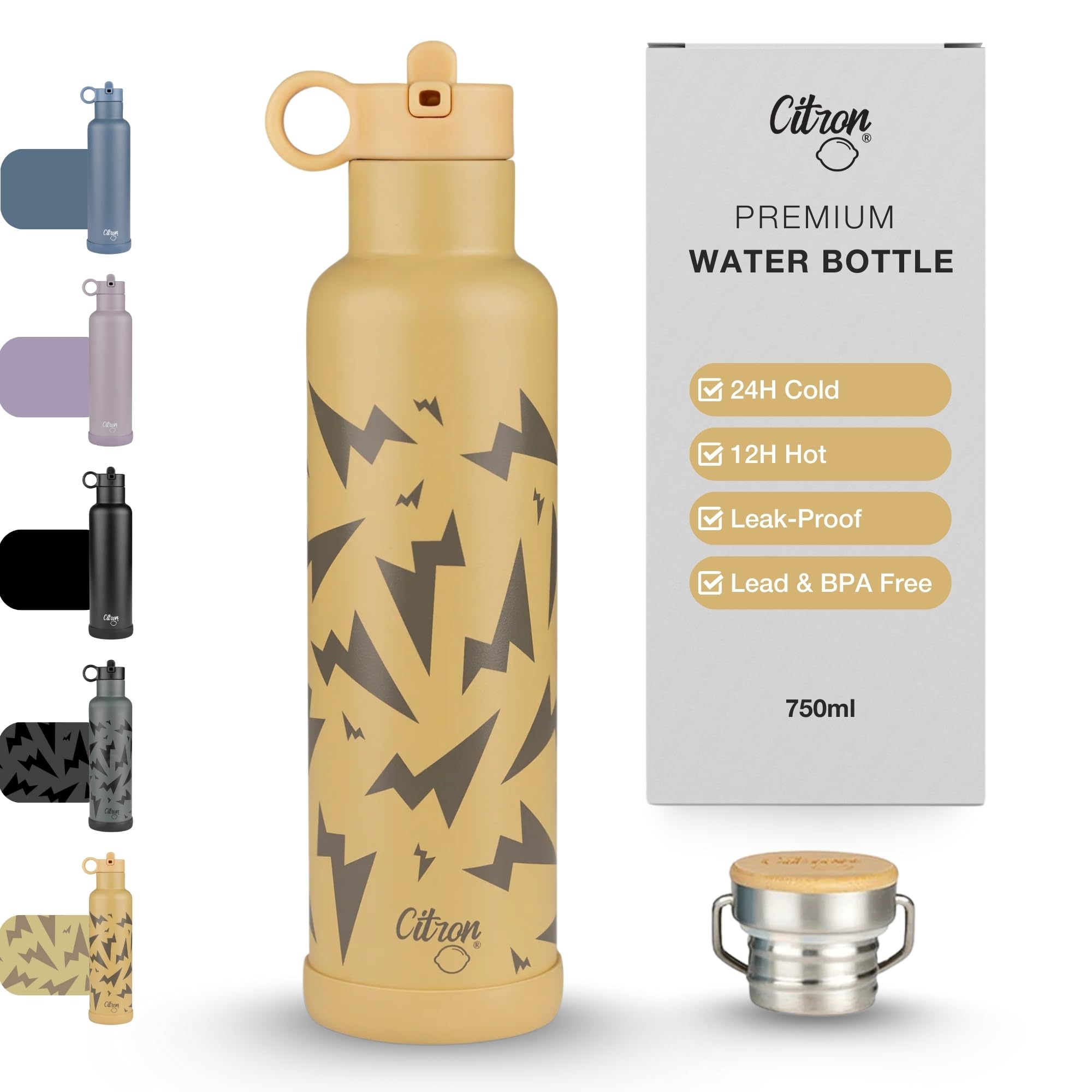 Citron Insulated Water Bottle Stainless Steel, Yellow – 750ml, BPA & Lead-Free, Leak Proof Straw/Flask Lids – Keeps Liquids Cold for 24 Hours & Hot for 12 Hours - 25.36 oz — image 1
