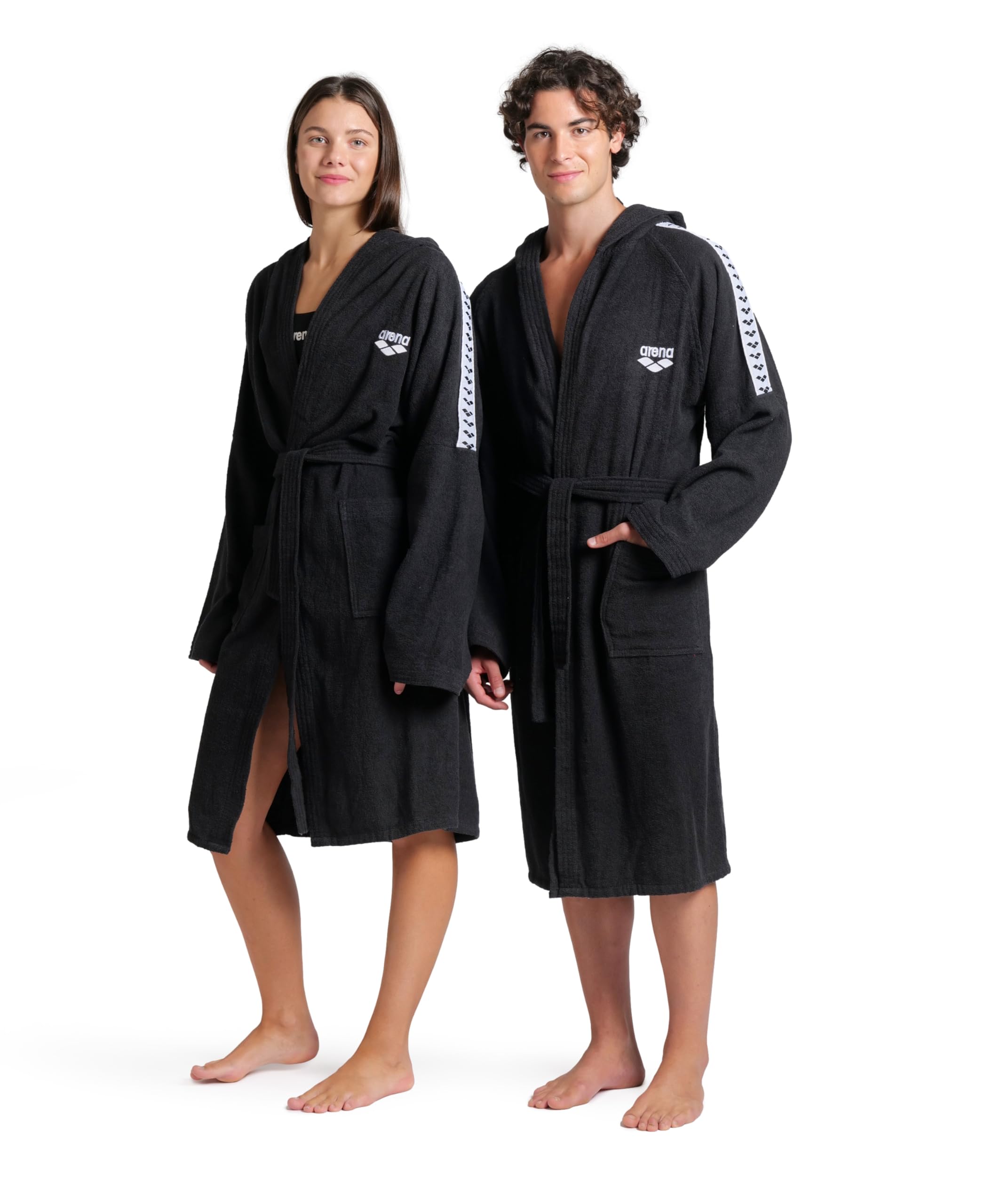 Photo 1 of ARENA Team Stripe Unisex Bathrobe with Tie Belt and Pockets Soft Warm Robe for Pool Sauna Spa or Post Workout Comfort, Black/White, Size Large