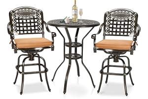W WARMHOL 3-Piece Patio Swivel Bar Set, High Top Bar Table & Chairs, All-Weather Cast Aluminum Swivel Bar Stools (2) & 31" Table, Patio Bistro Set for Garden