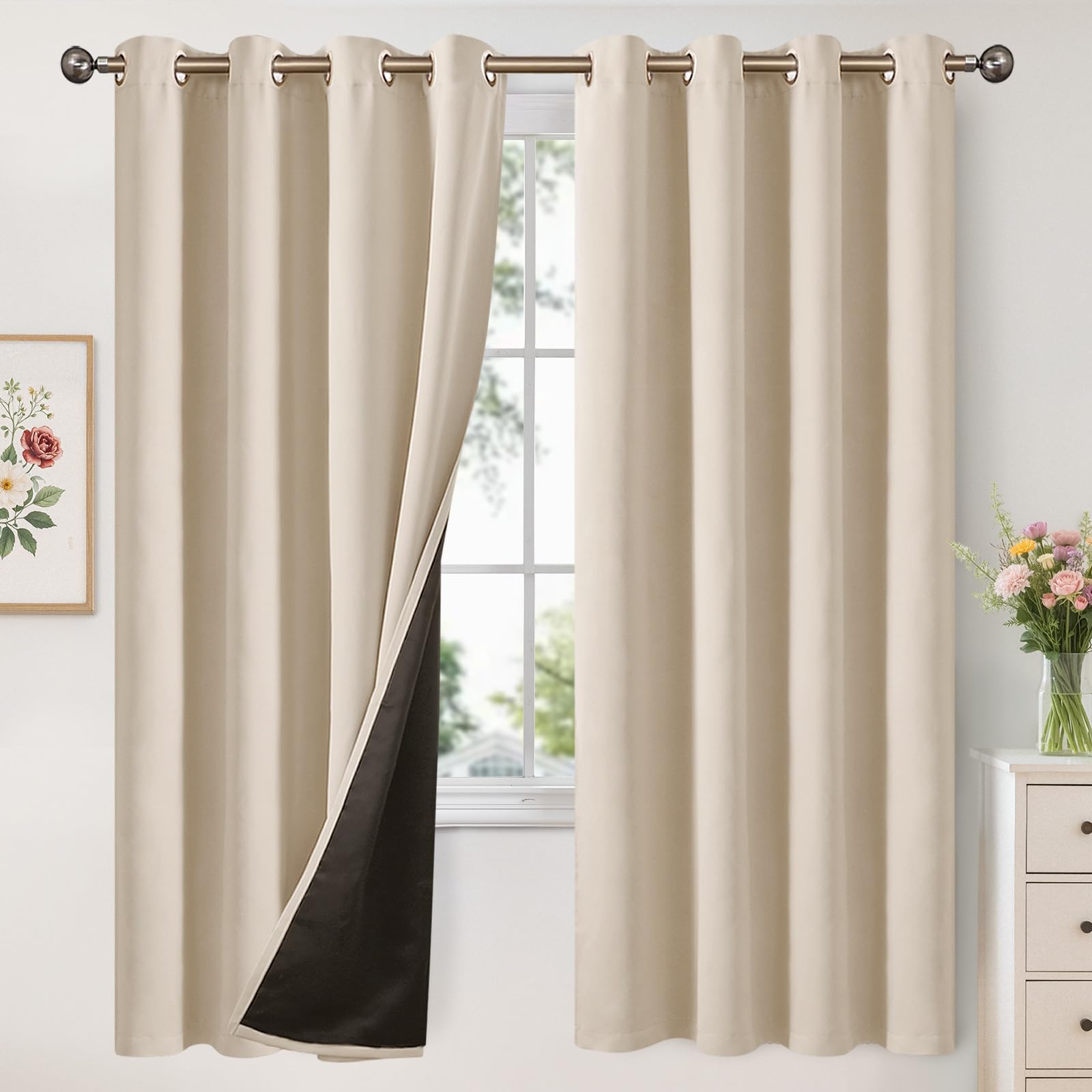 YoungsTex 100% Blackout Curtains 72 Inches Long for Bedroom, Thermal Insulated Black Out Drapes with Grommet Full Room Darkening with Layer for Living Room, Champagne, 2 Panels, 52 X 72 Inch Image