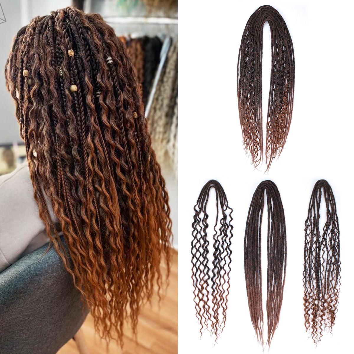 Photo 1 of Sangtok Double Ended 3 in 1 Dreadlock Extensions, 24 inch 15pcs Ombre Burgundy Mixed Dreads Extensions Set DE Dreads with Curly Dreadlocks for White Women(1b/30)