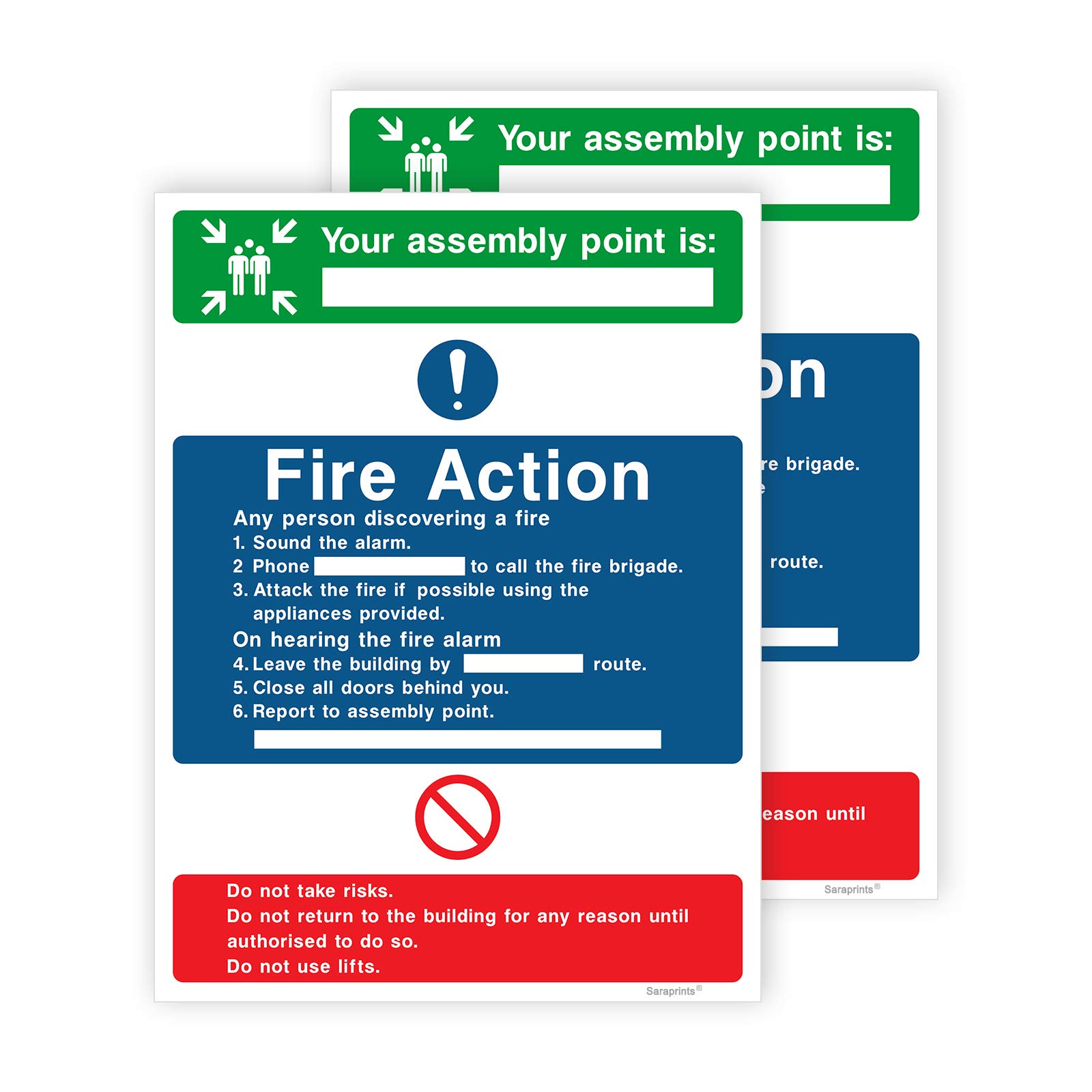 Pack of 2 Fire Safety Signs (150 x 200 mm) Self Adhesive Fire Action Notice Sign Sara Prints®