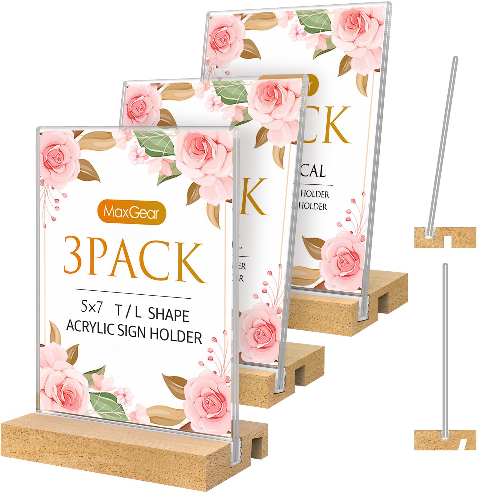 Photo 1 of MaxGear L/T Shape Acrylic Sign Holder, 5 X 7 Clear Table Display Stand with Wooden Base, Flyer Menu Holder Photo Frames Paper Stand for Office, Wedding, Restaurants, Hotels 3 Pack
