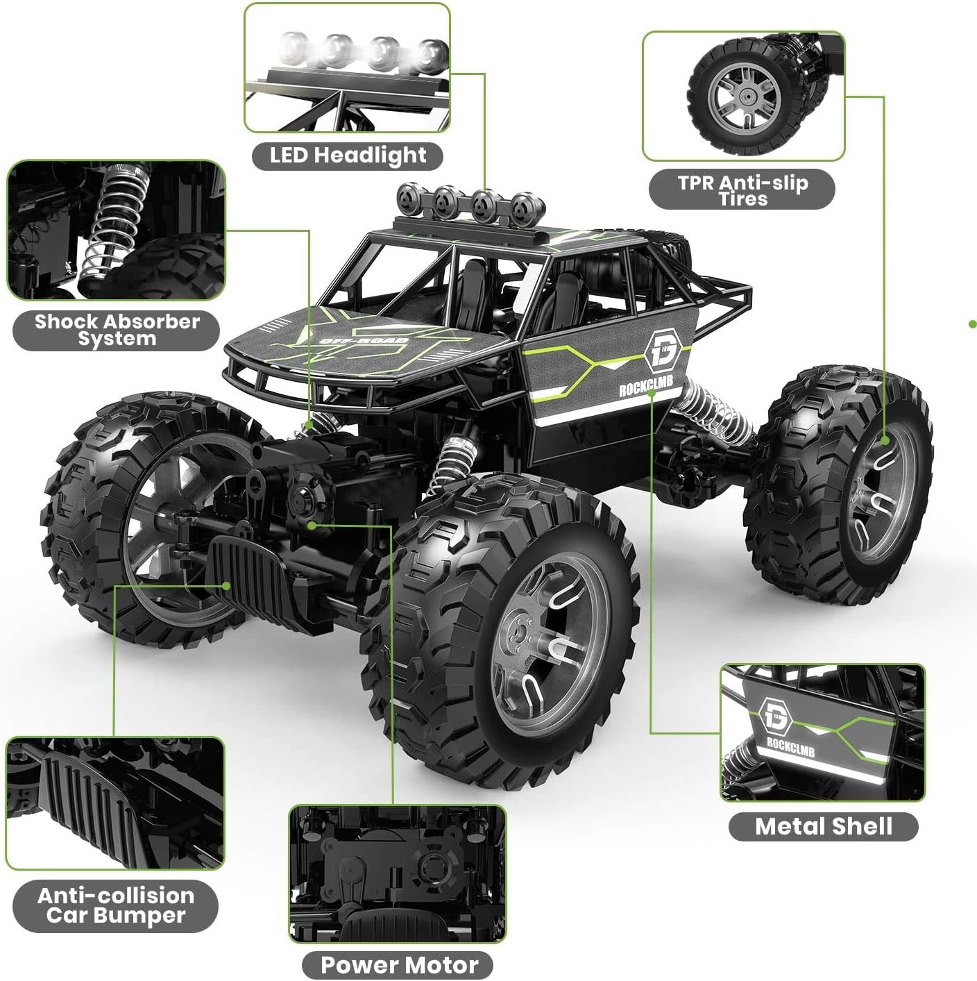 RC Cars, Holyton 4WD Off Road Monster Trucks All Terrain , 1:16 Scale Remote Control Car, 2.4GHz, 2 Rechargeable Batteries Toy Crawlers Vehicles for Children and Adults, 40+ Min Play, Gray: Toys & Games
