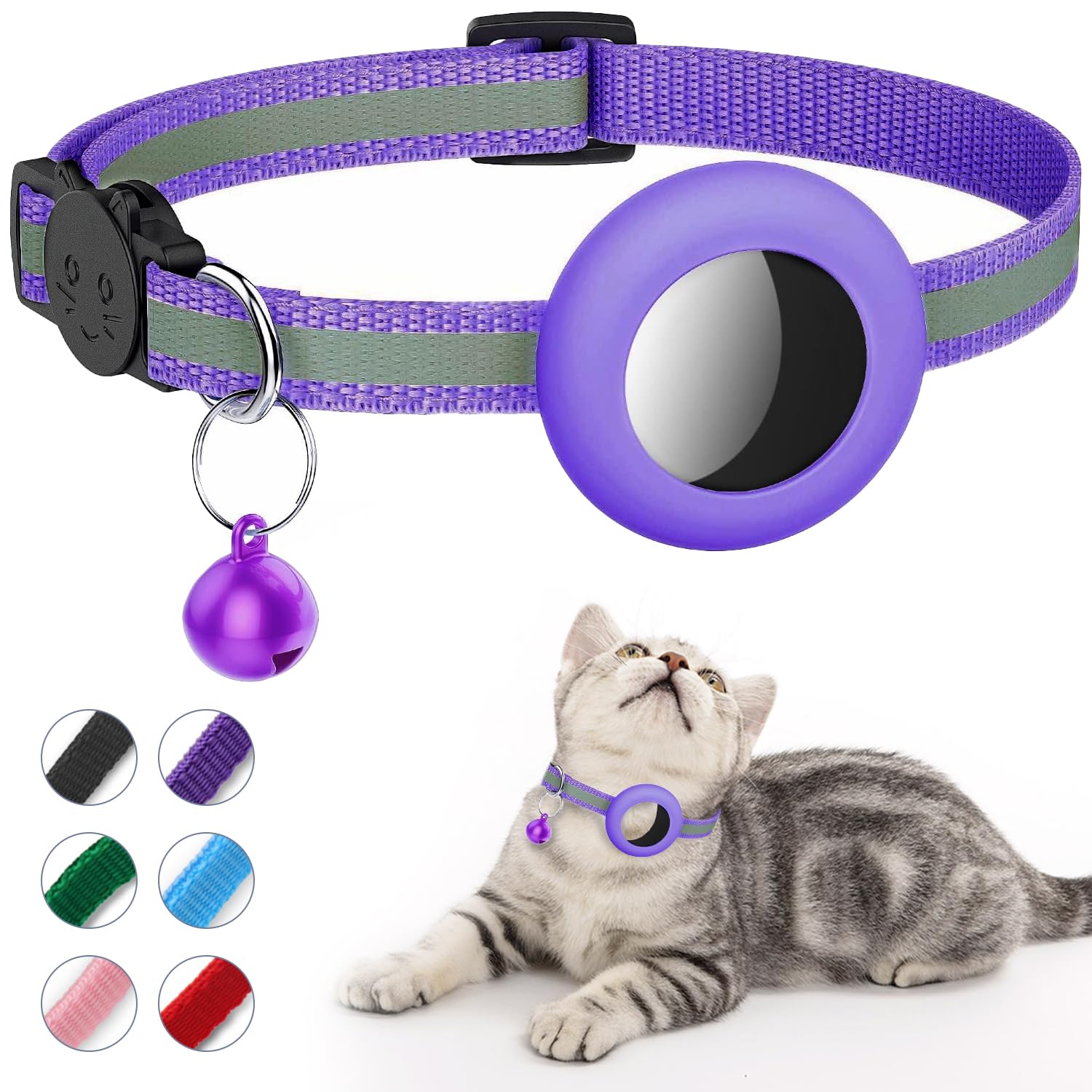 DOETYD Airtag Cat Collar, Reflective Air tag Cat Collar with Bell, Waterproof Airtag Holder Compatible with Apple Airtag, Anti-Lost Cat Tracker Collar for Cats Kittens and Small Dogs (Purple)