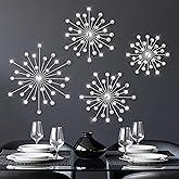 Limbeuuu 4 Pcs Metal Wall Decor Bling Crystal Wall Art Cast Iron Rhinestones Sunburst Decor Starburst Art Hanging Diamond Accents Home Decorative for Living Room Bedroom Entryway(Silver)