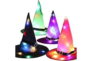 SEASONS STARS SSDECOR Halloween Witch Hat Black and Purple Green Orange with Lights (4Pcs), Halloween Costume Accessory Witch Hats, Cosplay Cap for Women Halloween Décor for Outdoor Indoor Yard Tree Garden