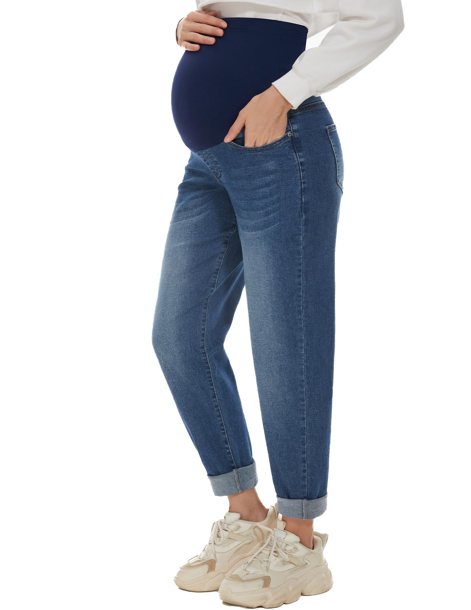 Photo 1 of POSHGLAM Women's Maternity Jeans Over Belly Comfy Stretch Boyfriend Jeans Loose Pregnancy Pants(Dark Blue, XX-Large)