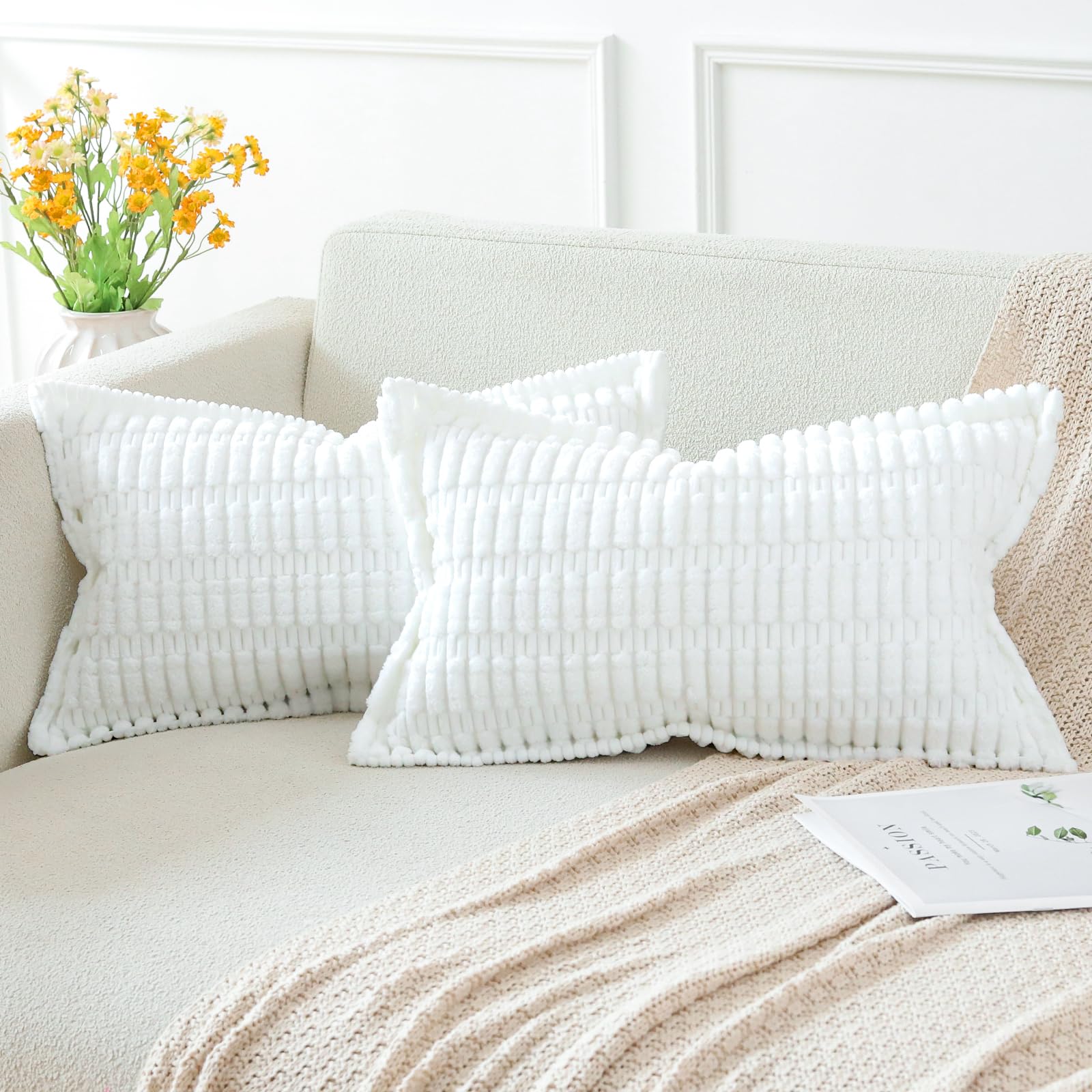 Artscope Pure White Cushion Covers Set of 2 Corduroy Decorative Square Striped Pillowcase with Stitched Edge Pillow Covers 30x50cm for Home Decor Sofa Bedroom Car — image 1