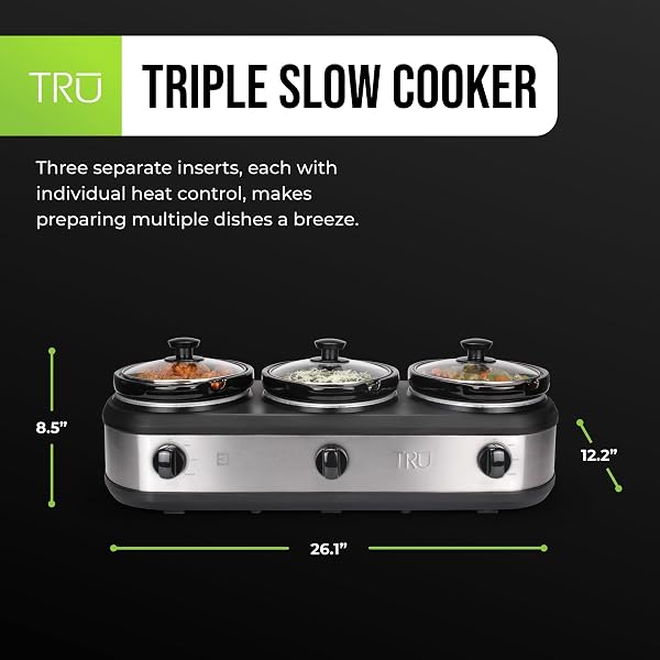 TRU TRIPLE BUFFET SERVER – THREE 2.5 QUART REMOVABLE CROCK INSERTS – SLOW COOKER & FOOD WARMER WITH INDIVIDUAL HEAT CONTROL – INCLUDES LID RESTS & SERVING SPOONS